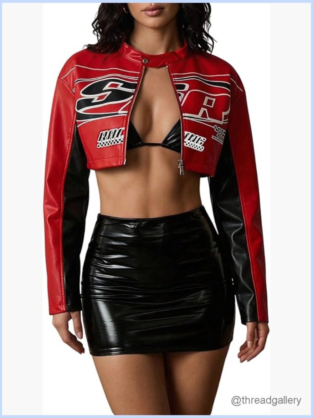 PU Leather Cropped Varsity Jacket Zip Up Color Block Graphic Motorcycle Biker